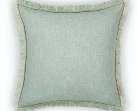 Coussin carré à franges esprit lin bleu céladon