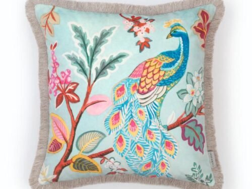 Coussin en velours imprimé paons et fleurs exotiques