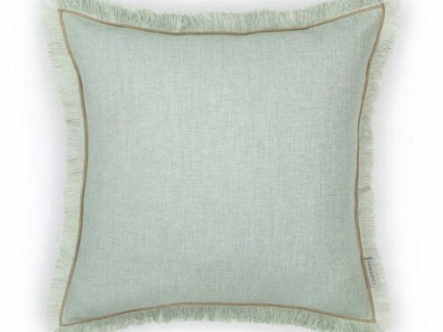 Coussin carré à franges esprit lin bleu céladon