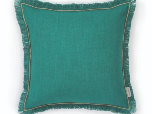 Coussin carré à franges esprit lin vert emeraude