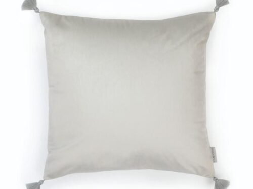 Coussin carré à pompons en velours lisse coloris gris perle
