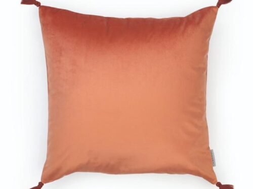 Coussin carré à pompons en velours lisse coloris potiron