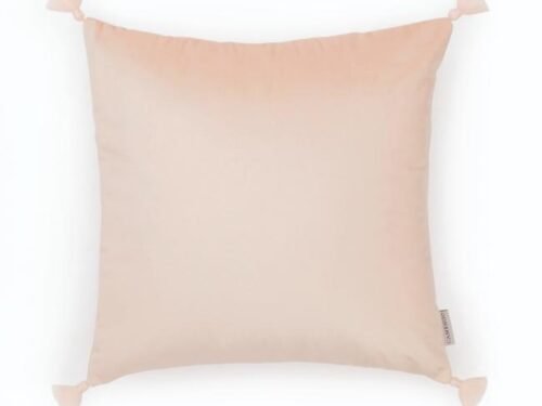 Coussin carré à pompons en velours lisse coloris rose poudré