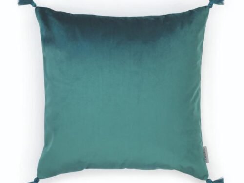 Coussin carré à pompons en velours lisse coloris canard