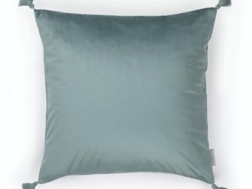 Coussin carré à pompons en velours lisse coloris bleu glacé