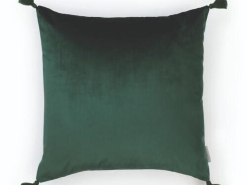 Coussin carré à pompons en velours lisse coloris vert anglais