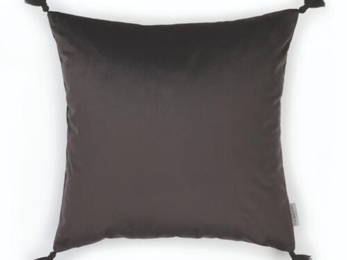 Coussin carré à pompons en velours lisse coloris gris anthracite